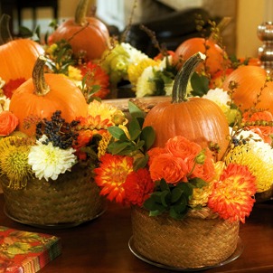 flower basket with pumpkins