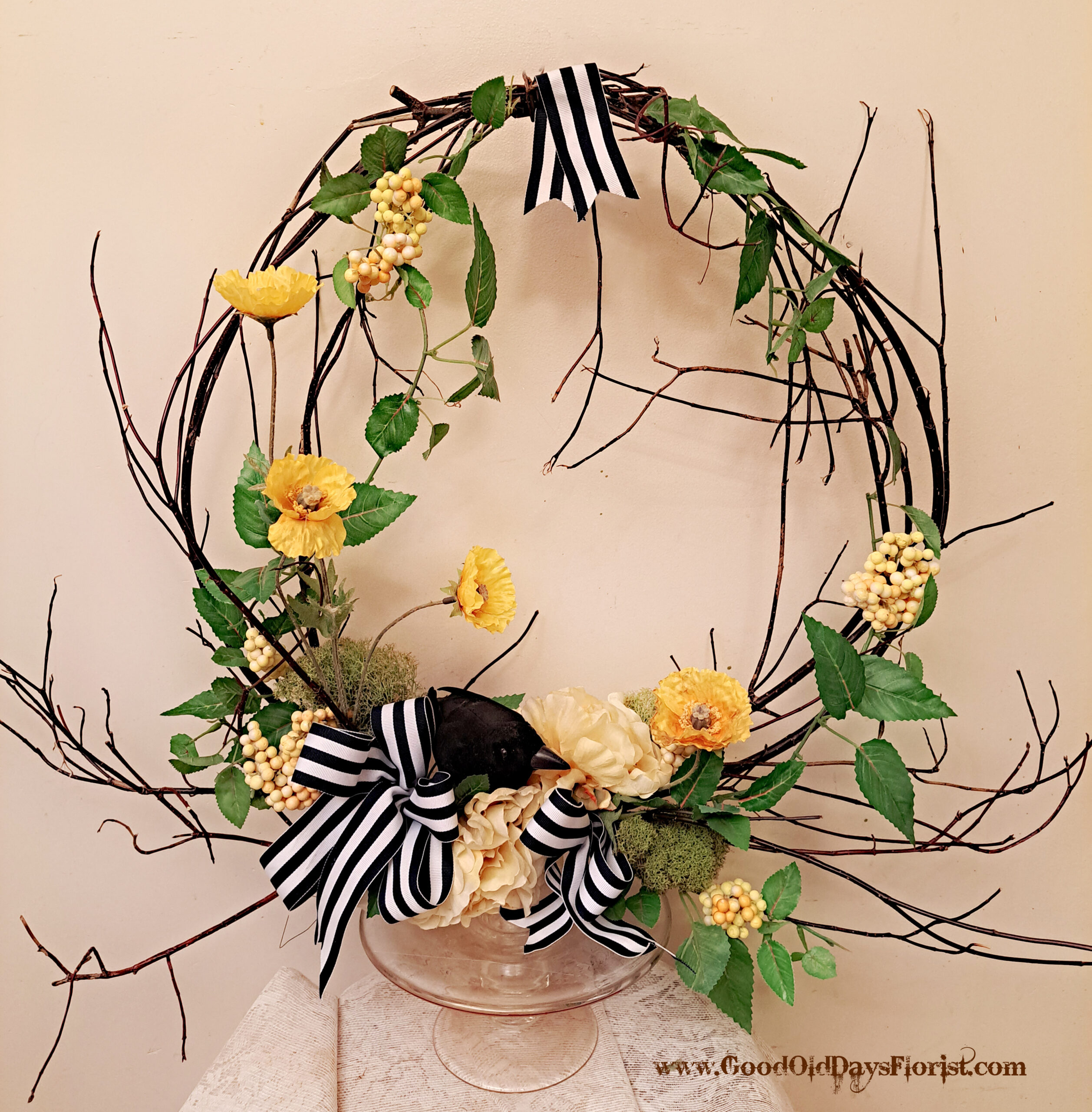 Branch Wreath Faux Flowers Crow